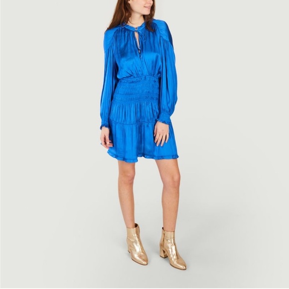 Maje Radji Smocked Satin Long Sleeve Mini Dress Size 34 US 2 Bright Blue - Picture 2 of 8